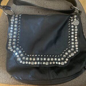 LEATHEROCK Genuine Leather Black Handbag With Rhinestones and Studs